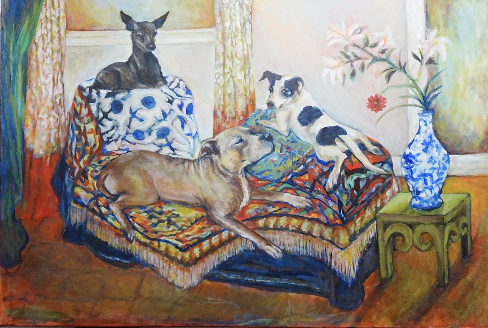 Original oil painting of three dogs on canvas by Houston artist Mia Cugasi, 24 by 36 inches